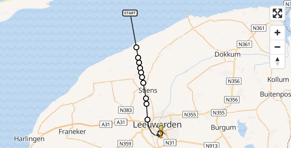 Vluchtroute Ambulancehelikopter van Waddenzee naar Leeuwarden Medical Center Heliport