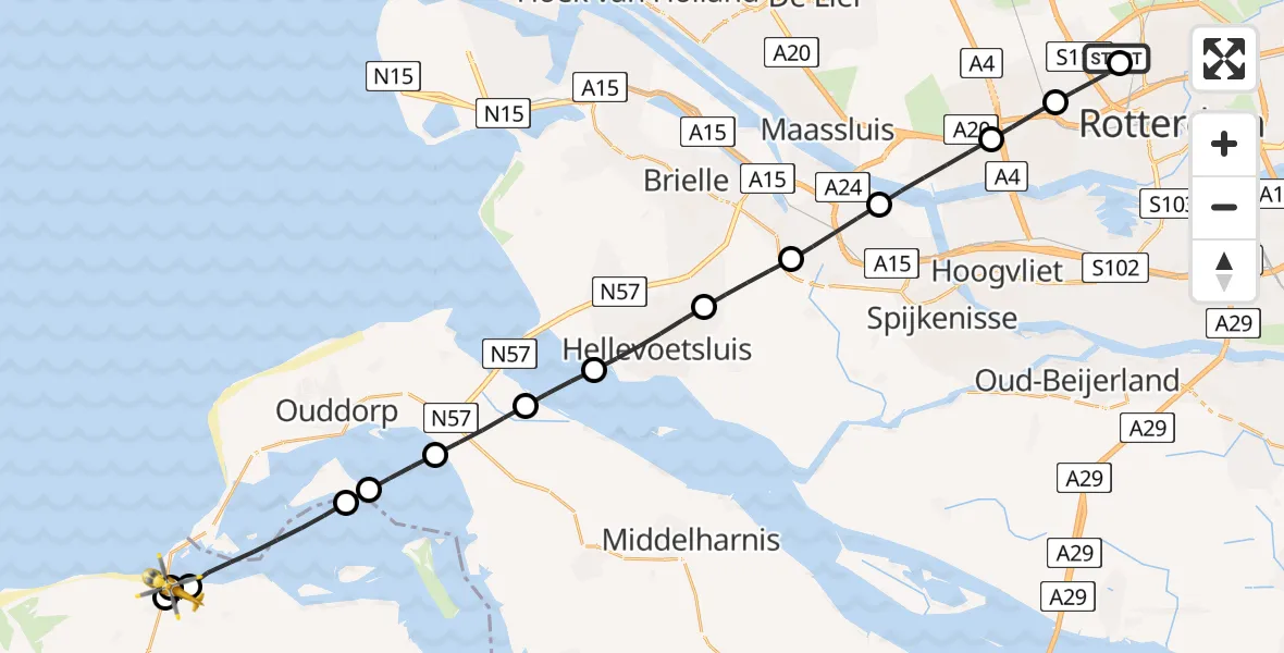 Vluchtroute Traumahelikopter van Rotterdam The Hague Airport naar Scharendijke
