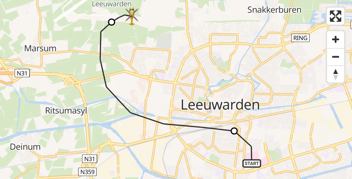 Vluchtroute Ambulancehelikopter van Leeuwarden Medical Center Heliport naar Vliegbasis Leeuwarden