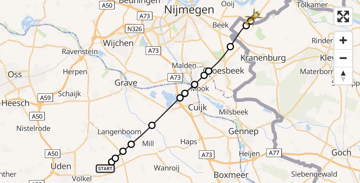 Vluchtroute Traumahelikopter van Vliegbasis Volkel naar Leuth