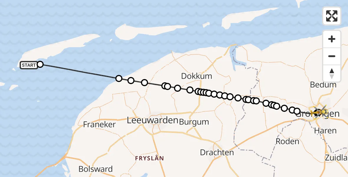 Vluchtroute Traumahelikopter van West-Terschelling naar Universitair Medisch Centrum Groningen