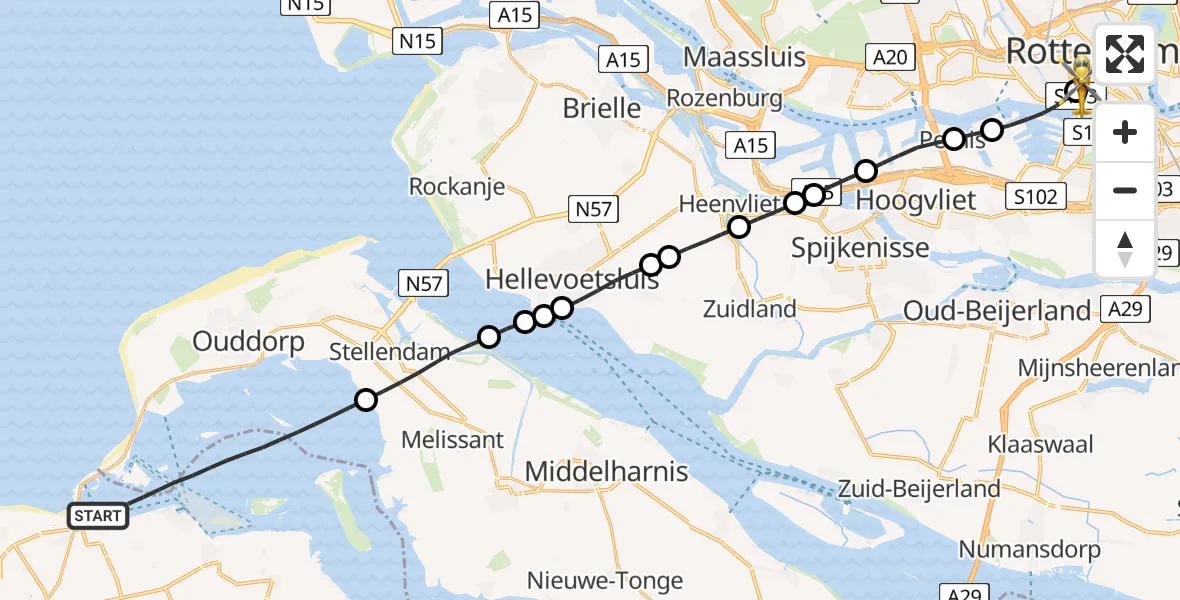 Vluchtroute Traumahelikopter van Grevelingenmeer naar Erasmus MC
