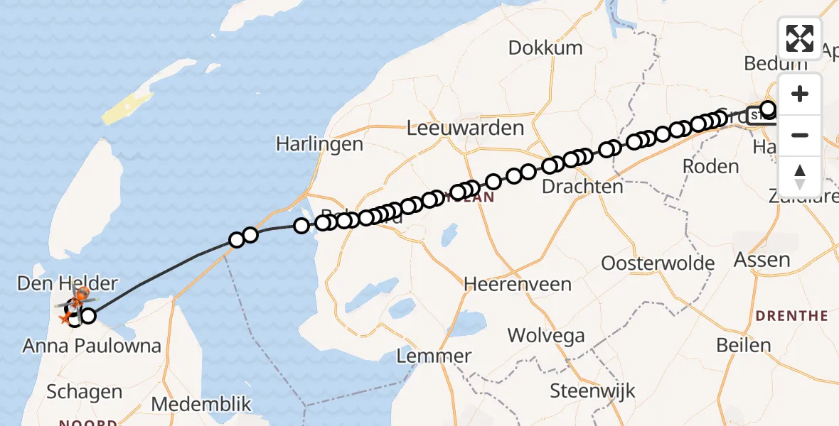 Vluchtroute Kustwachthelikopter van Universitair Medisch Centrum Groningen naar Militair vliegveld De Kooy / Den Helder Airport