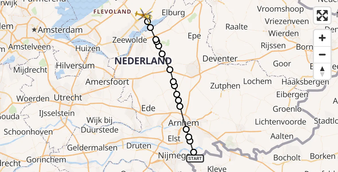 Vluchtroute Traumahelikopter van Leuth naar Biddinghuizen
