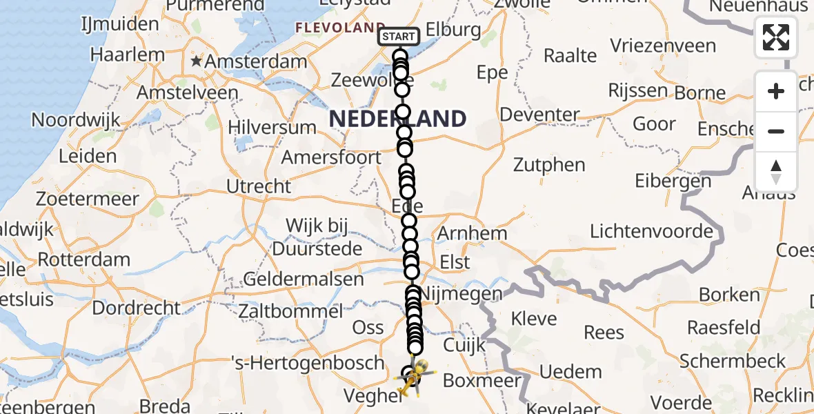 Vluchtroute Traumahelikopter van Biddinghuizen naar Vliegbasis Volkel