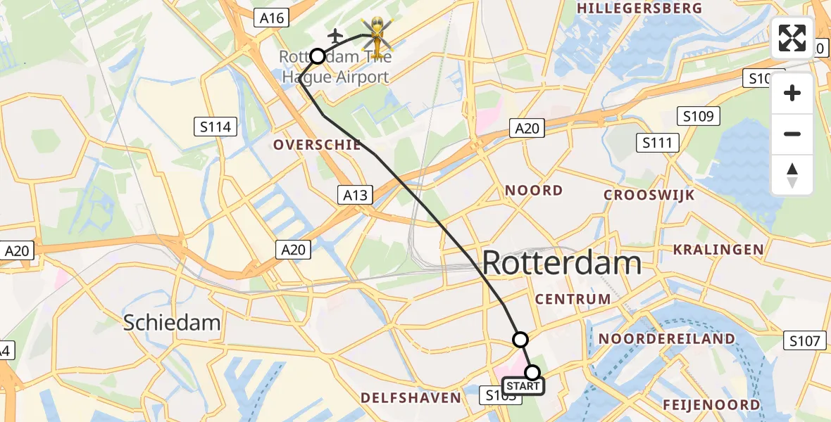 Vluchtroute Traumahelikopter van Erasmus MC naar Rotterdam The Hague Airport