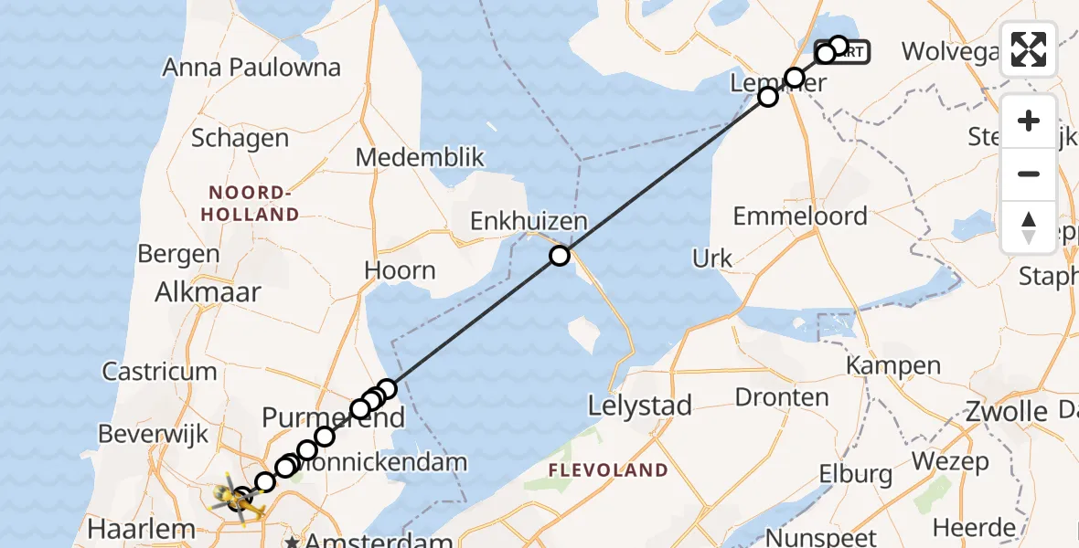 Vluchtroute Traumahelikopter van Delfstrahuizen naar Amsterdam Heliport