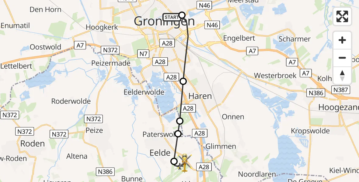 Vluchtroute Traumahelikopter van Universitair Medisch Centrum Groningen naar Groningen Airport Eelde