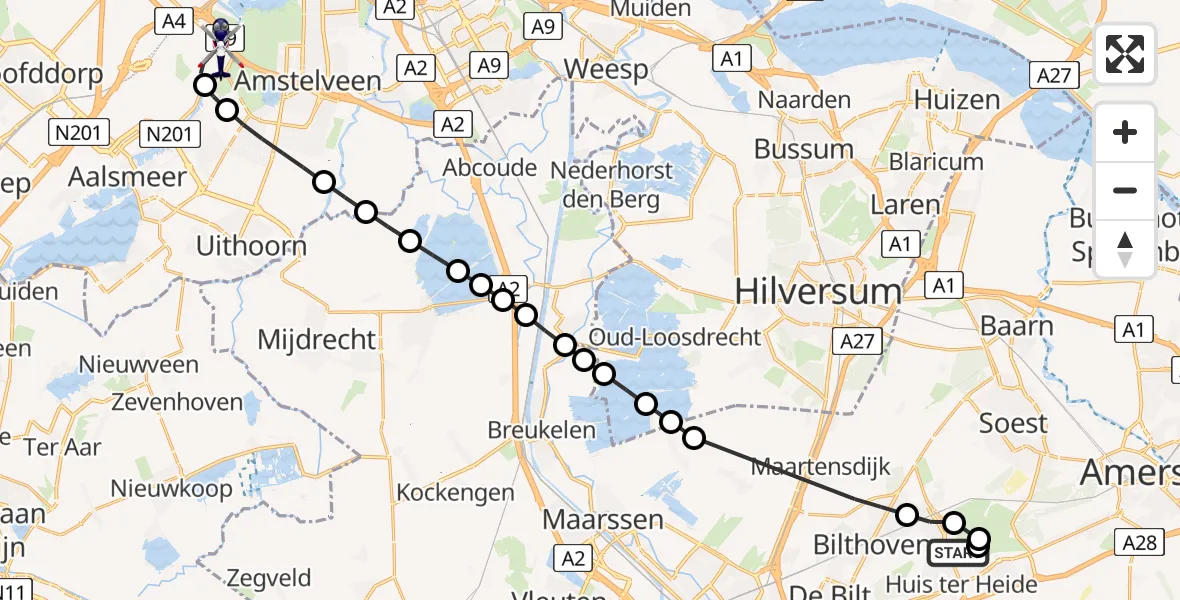 Vluchtroute Politiehelikopter van Huis ter Heide naar Amsterdam Vliegveld Schiphol
