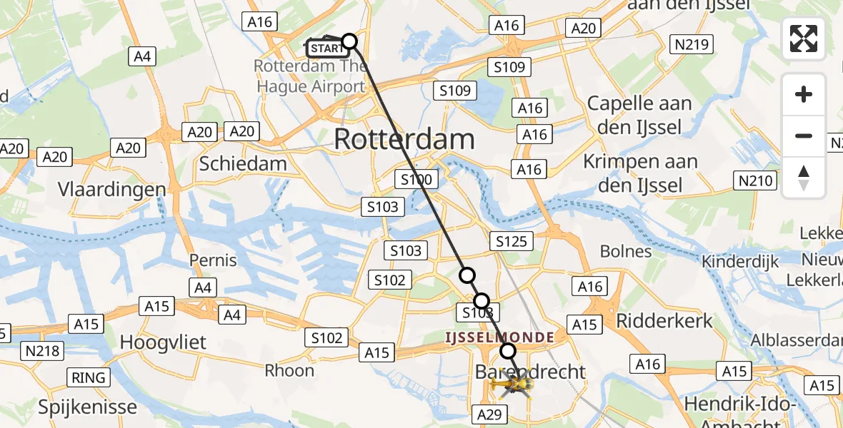 Vluchtroute Traumahelikopter van Rotterdam The Hague Airport naar Barendrecht