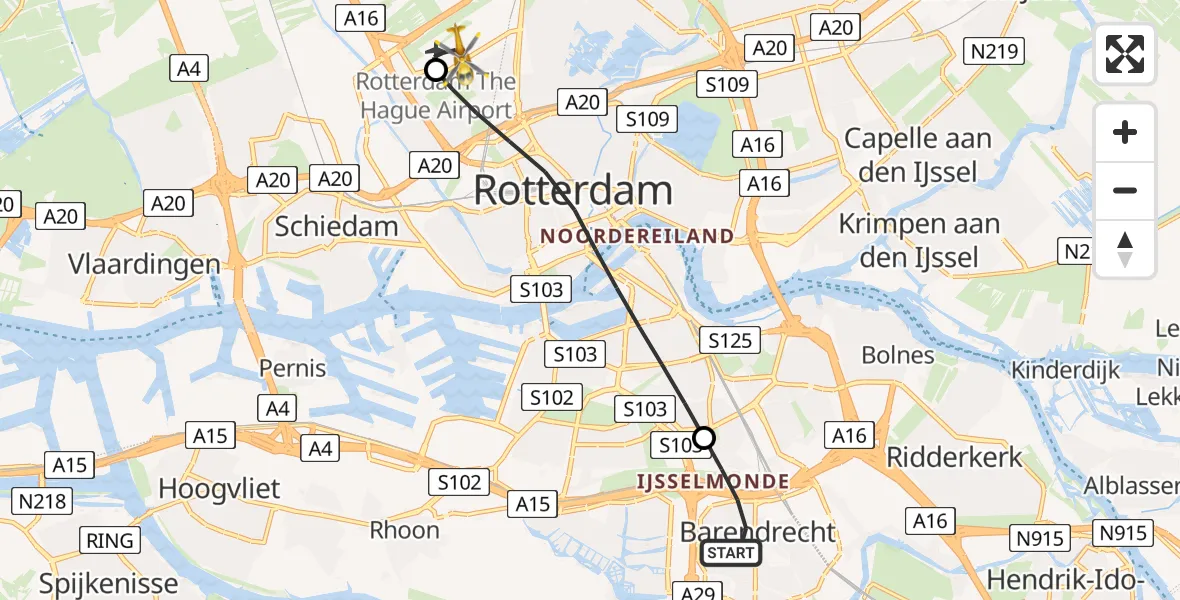 Vluchtroute Traumahelikopter van Barendrecht naar Rotterdam The Hague Airport