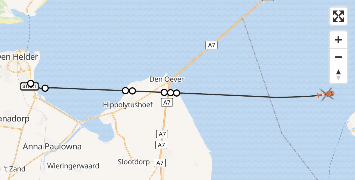 Vluchtroute Kustwachthelikopter van Militair vliegveld De Kooy / Den Helder Airport naar IJsselmeer
