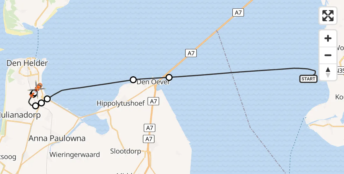 Vluchtroute Kustwachthelikopter van IJsselmeer naar Militair vliegveld De Kooy / Den Helder Airport