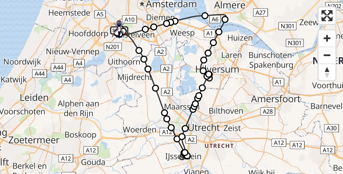 Vluchtroute Politiehelikopter van Amsterdam Vliegveld Schiphol naar Amsterdam Vliegveld Schiphol