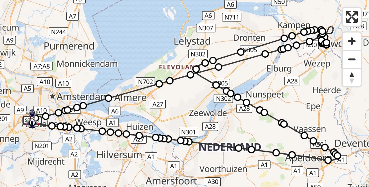 Vluchtroute Politiehelikopter van Amsterdam Vliegveld Schiphol naar Amsterdam Vliegveld Schiphol