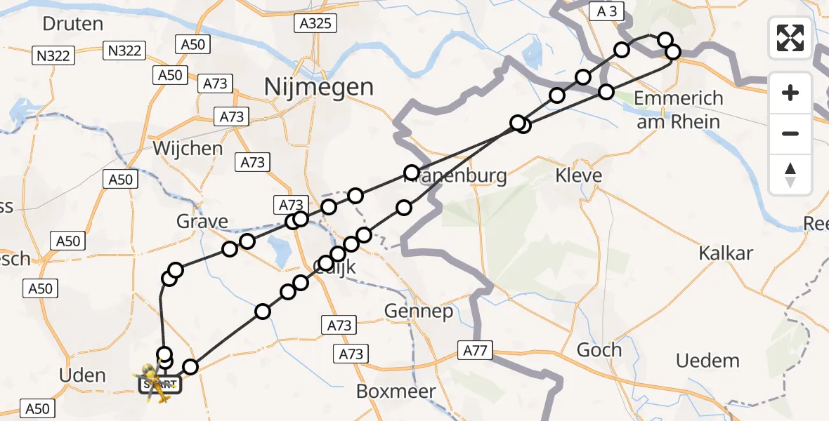 Vluchtroute Traumahelikopter van Vliegbasis Volkel naar Vliegbasis Volkel