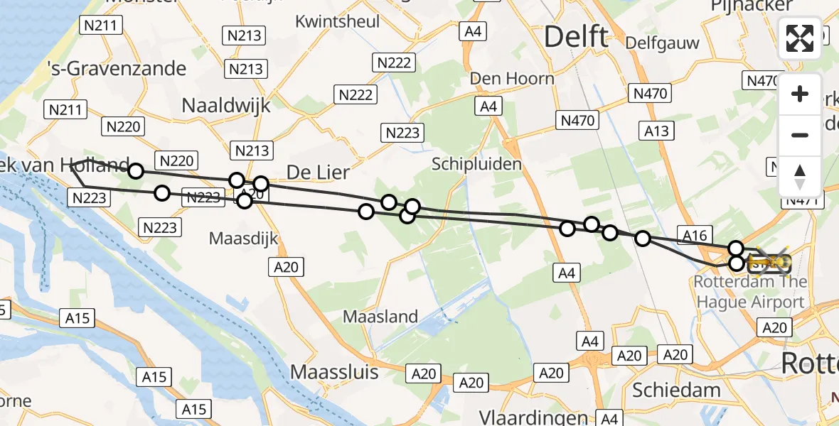 Vluchtroute Traumahelikopter van Rotterdam The Hague Airport naar Rotterdam The Hague Airport