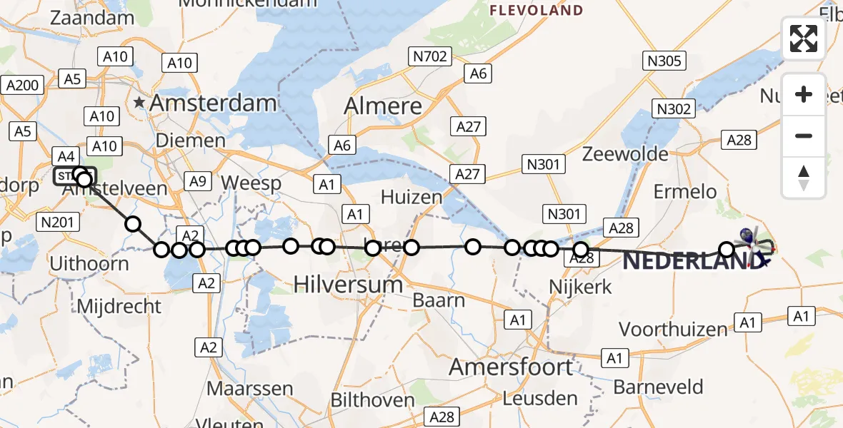 Vluchtroute Politiehelikopter van Amsterdam Vliegveld Schiphol naar Ermelo