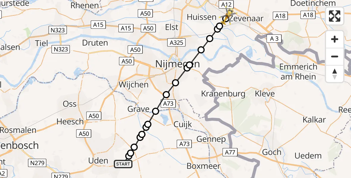 Vluchtroute Traumahelikopter van Vliegbasis Volkel naar Duiven