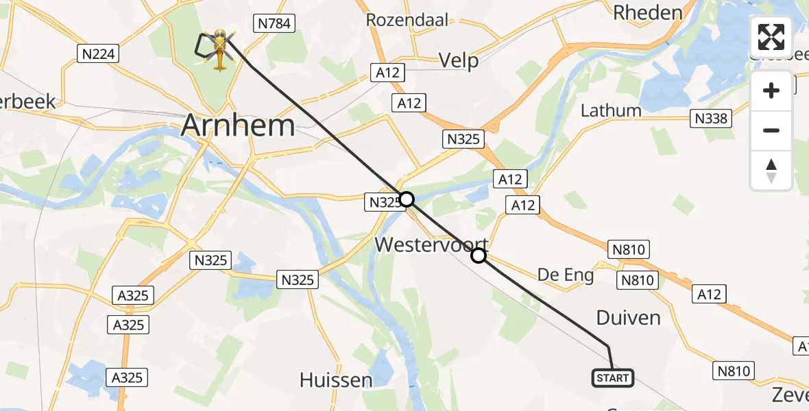 Vluchtroute Traumahelikopter van Duiven naar Arnhem