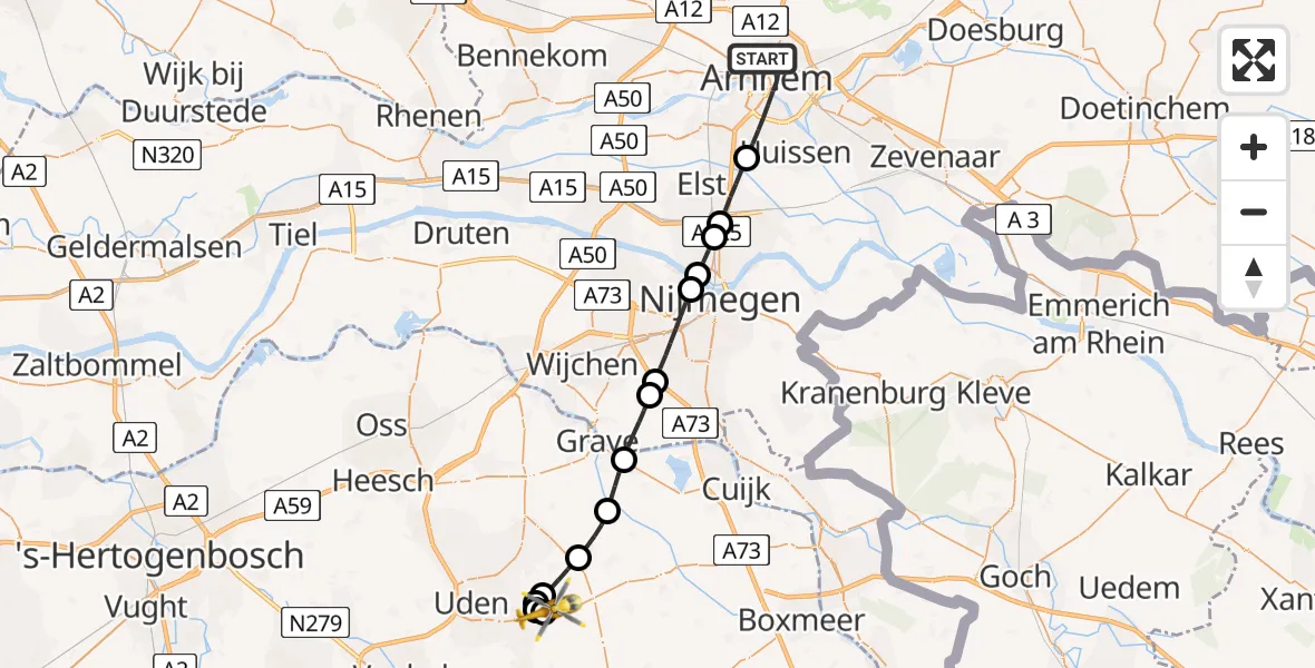 Vluchtroute Traumahelikopter van Arnhem naar Vliegbasis Volkel