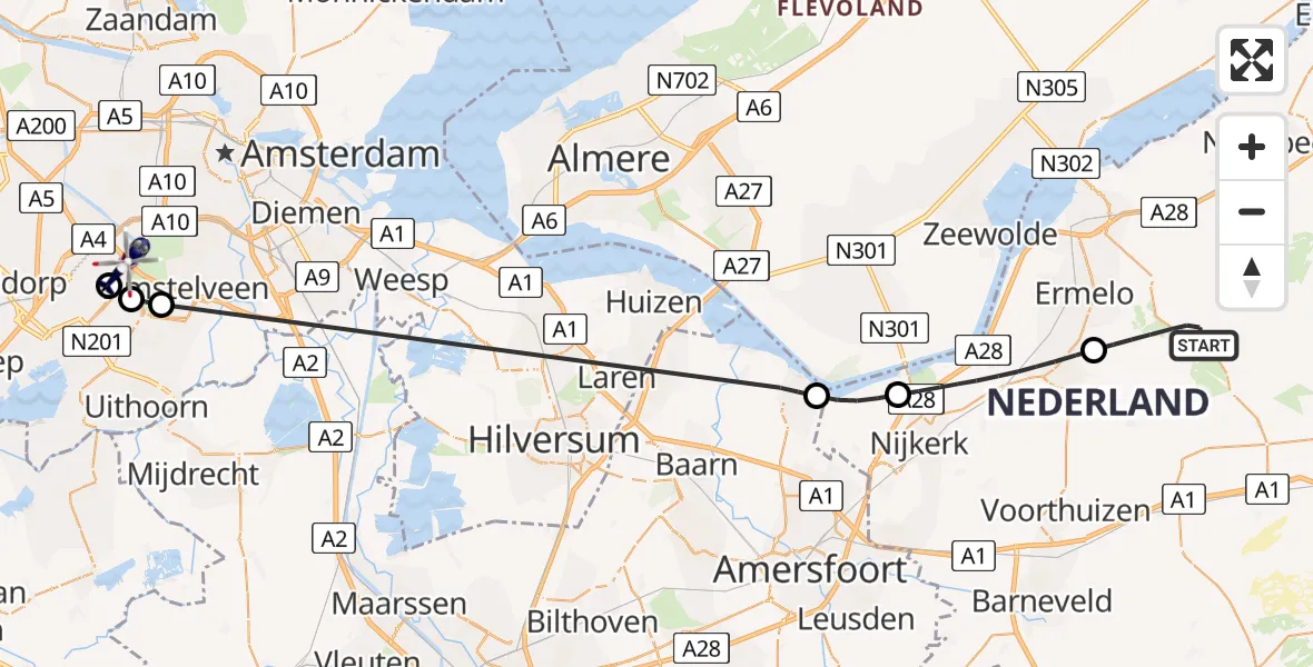 Vluchtroute Politiehelikopter van Ermelo naar Amsterdam Vliegveld Schiphol