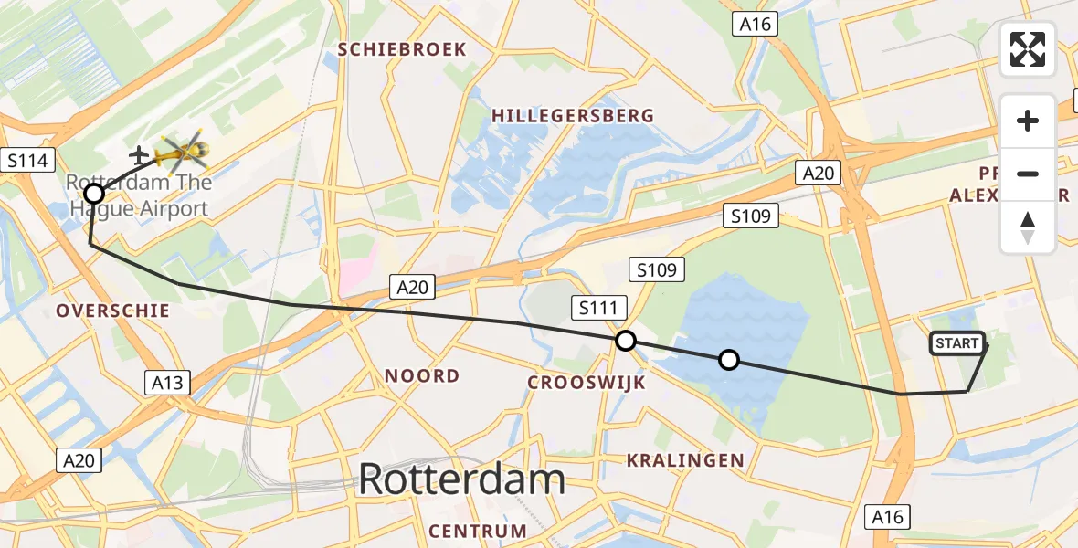 Vluchtroute Traumahelikopter van Rotterdam naar Rotterdam The Hague Airport