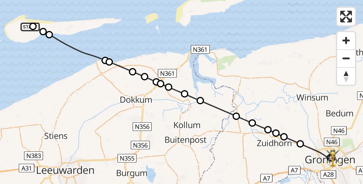 Vluchtroute Ambulancehelikopter van Ameland Vliegveld Ballum naar Universitair Medisch Centrum Groningen
