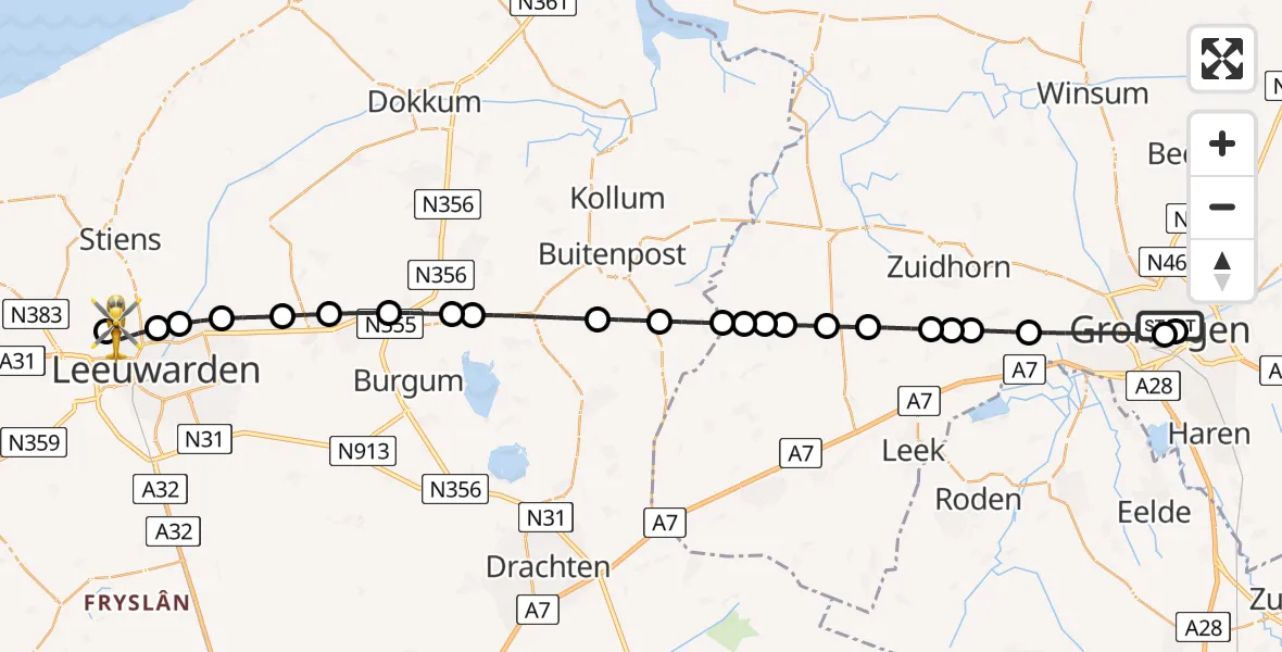 Vluchtroute Ambulancehelikopter van Universitair Medisch Centrum Groningen naar Vliegbasis Leeuwarden