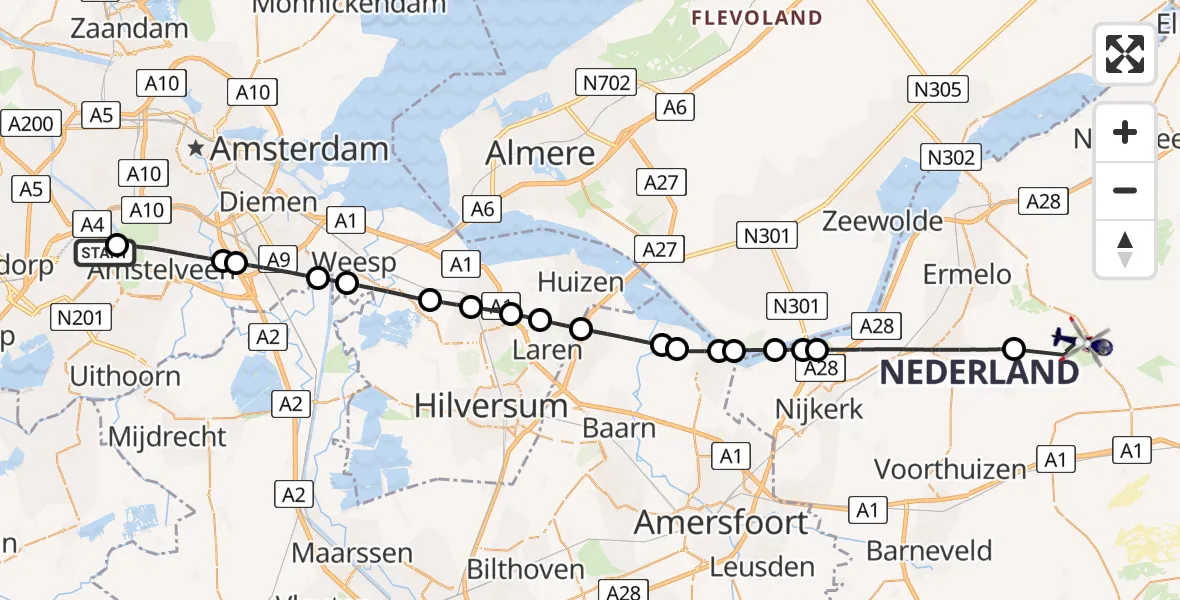 Vluchtroute Politiehelikopter van Amsterdam Vliegveld Schiphol naar Ermelo