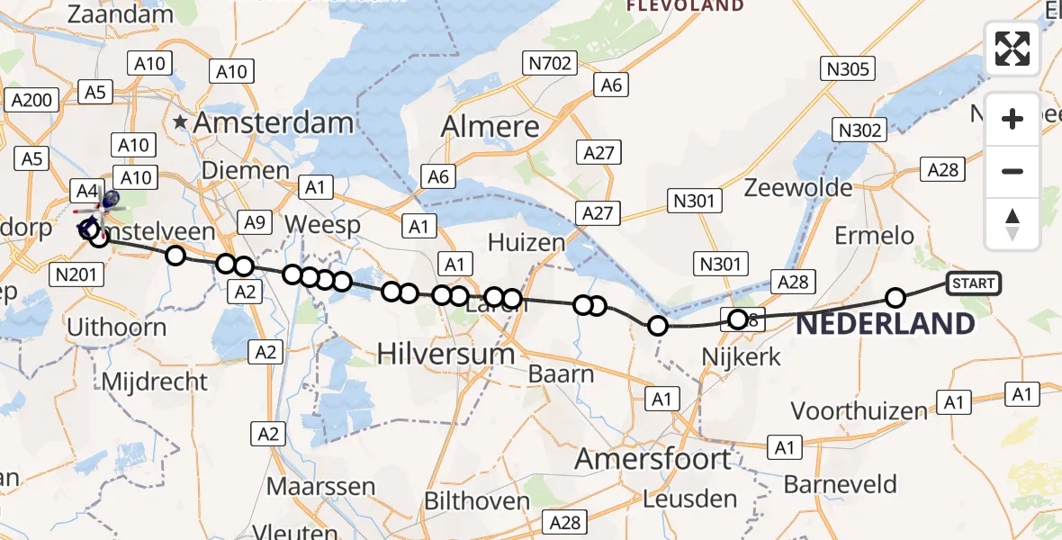 Vluchtroute Politiehelikopter van Ermelo naar Amsterdam Vliegveld Schiphol