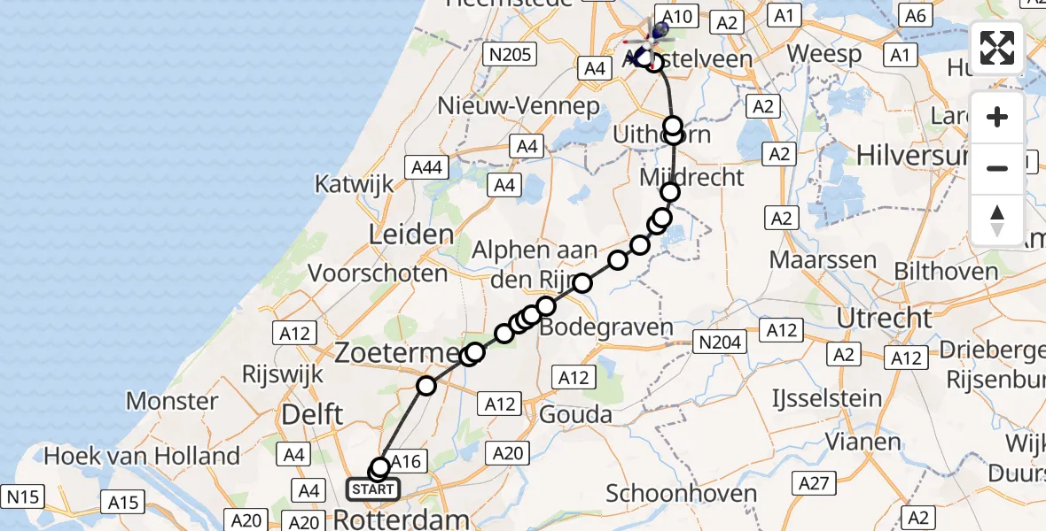 Vluchtroute Politiehelikopter van Rotterdam The Hague Airport naar Amsterdam Vliegveld Schiphol