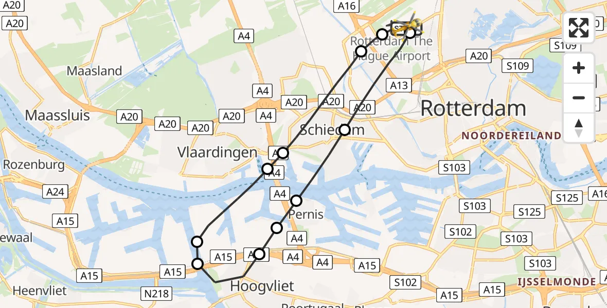 Vluchtroute Traumahelikopter van Rotterdam The Hague Airport naar Rotterdam The Hague Airport