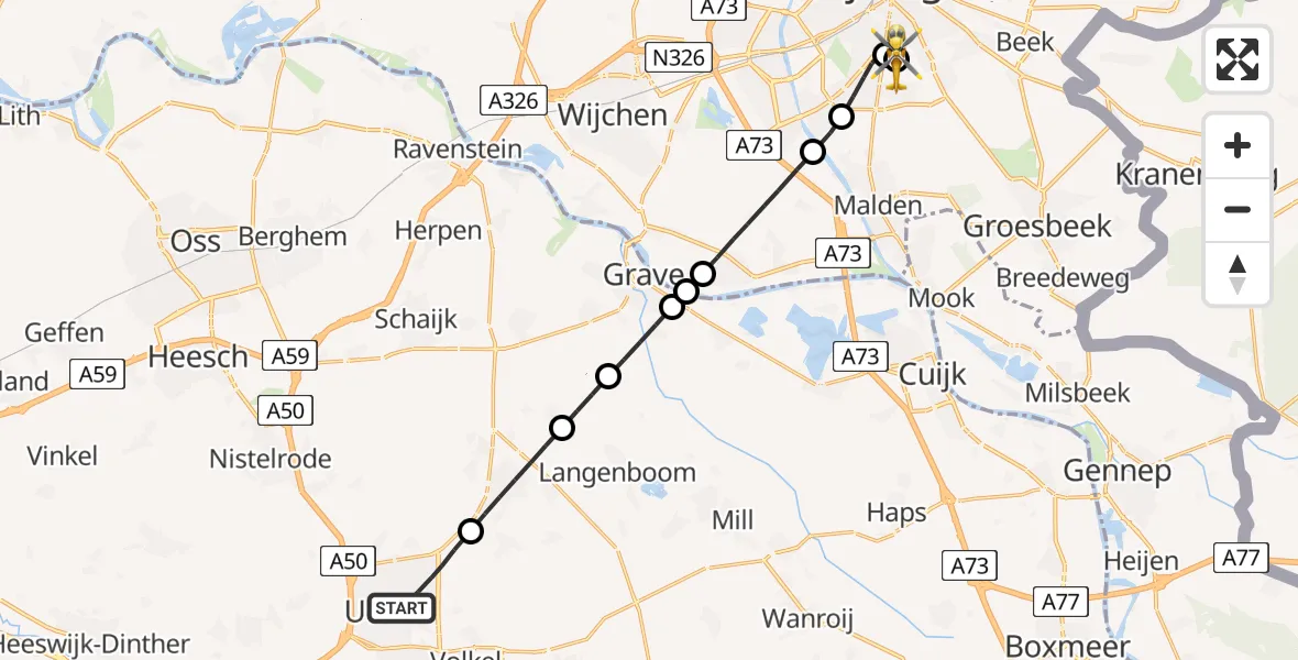 Vluchtroute Traumahelikopter van Uden naar Radboud University Medical Center Heliport