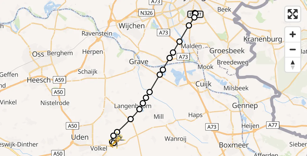 Vluchtroute Traumahelikopter van Radboud Universitair Medisch Centrum naar Vliegbasis Volkel