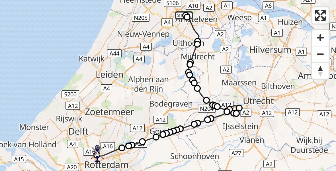 Vluchtroute Politiehelikopter van Amsterdam Vliegveld Schiphol naar Rotterdam The Hague Airport