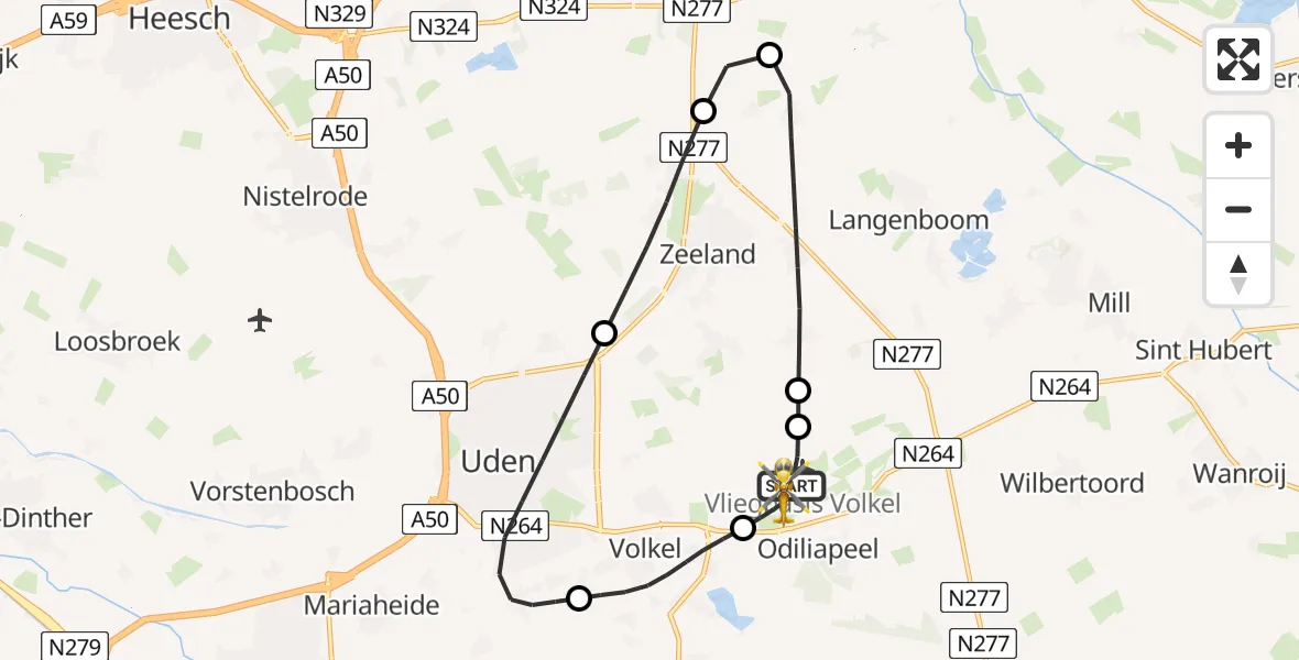Vluchtroute Traumahelikopter van Vliegbasis Volkel naar Vliegbasis Volkel