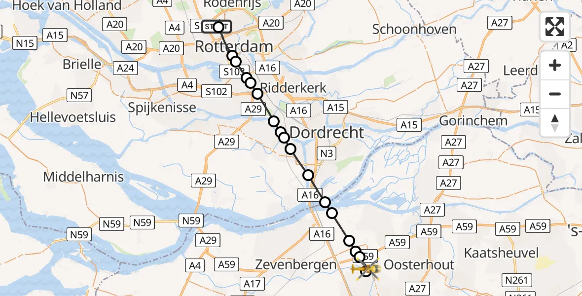 Vluchtroute Traumahelikopter van Rotterdam The Hague Airport naar Breda