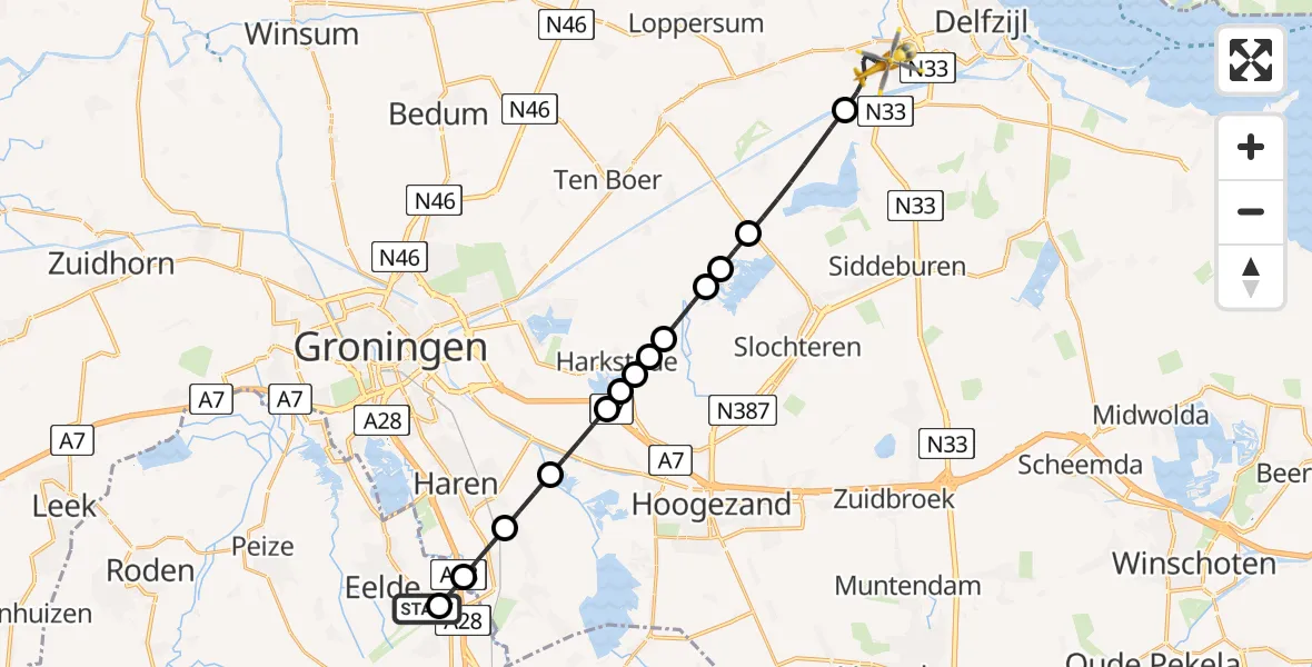 Vluchtroute Traumahelikopter van Groningen Airport Eelde naar Appingedam