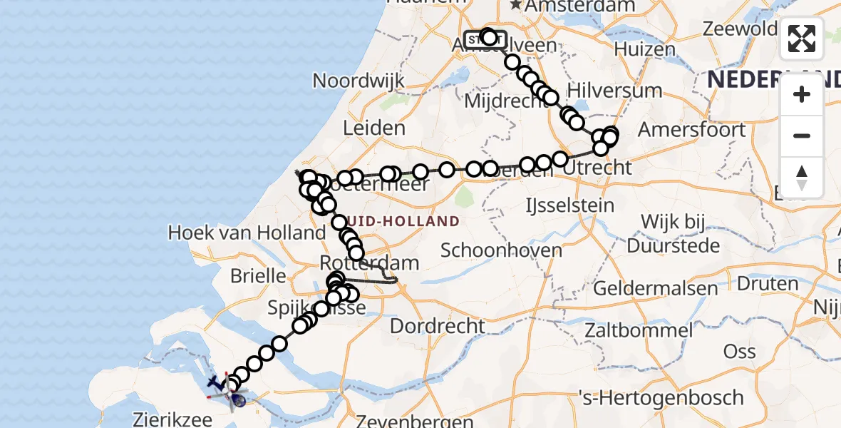 Vluchtroute Politiehelikopter van Amsterdam Vliegveld Schiphol naar Grevelingenmeer
