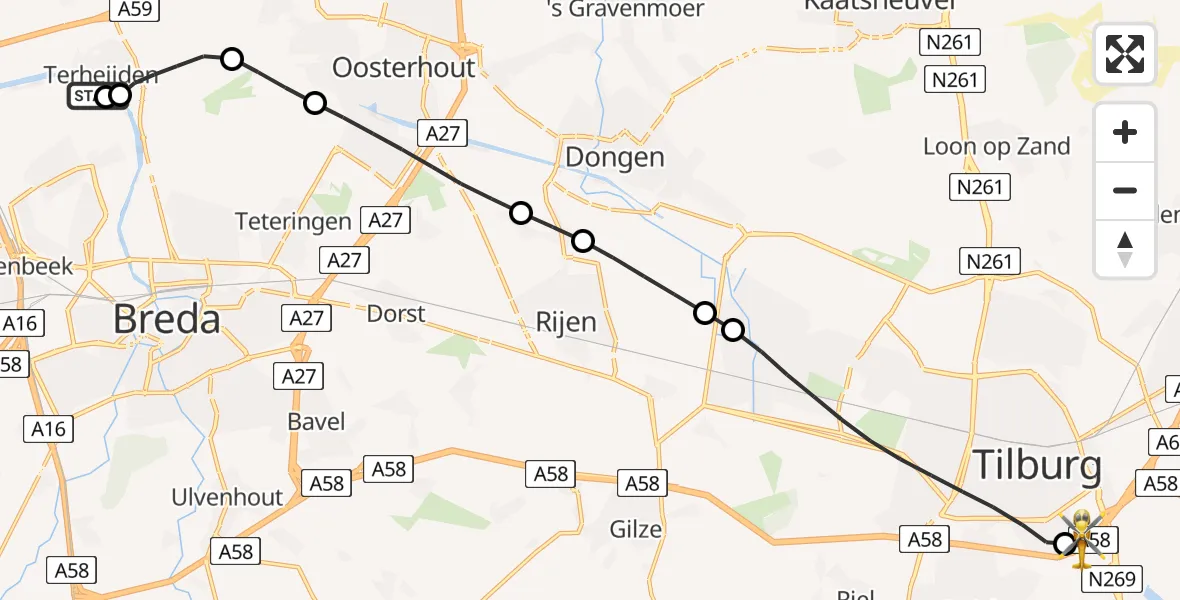 Vluchtroute Traumahelikopter van Terheijden naar St. Elisabeth Hospital Heliport