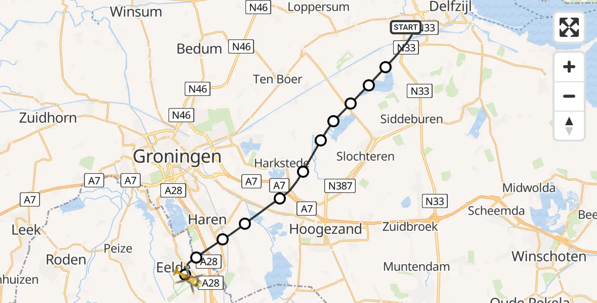 Vluchtroute Traumahelikopter van Appingedam naar Groningen Airport Eelde