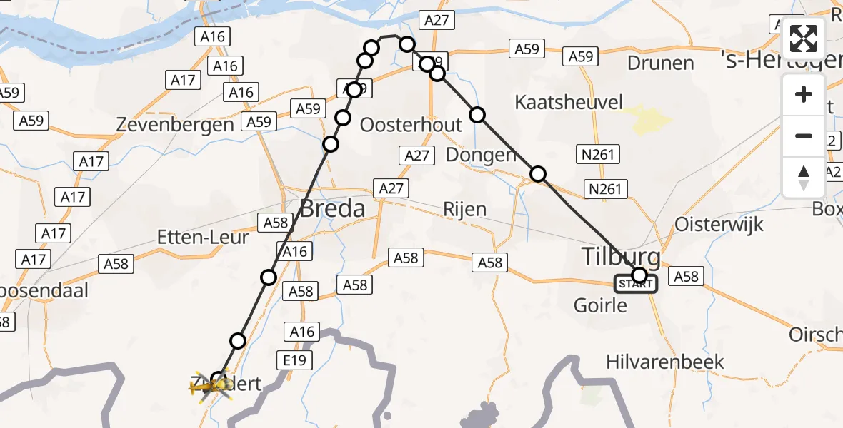 Vluchtroute Traumahelikopter van St. Elisabeth Hospital Heliport naar Zundert