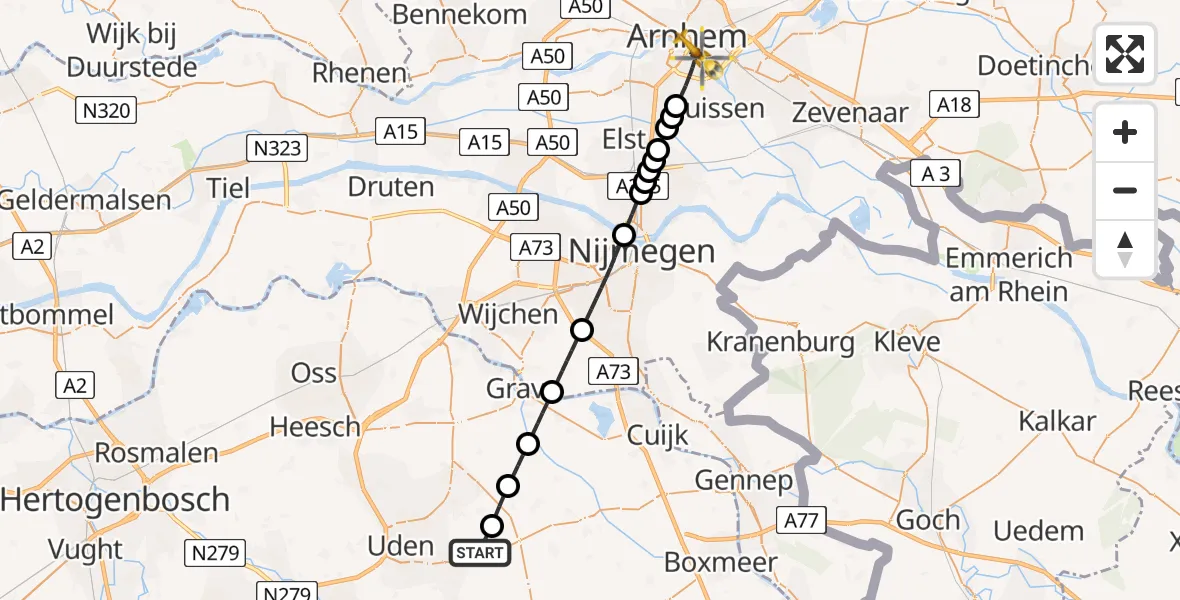 Vluchtroute Traumahelikopter van Vliegbasis Volkel naar Arnhem