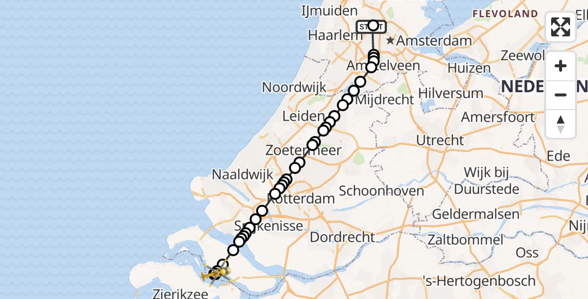 Vluchtroute Traumahelikopter van Amsterdam Heliport naar Herkingen