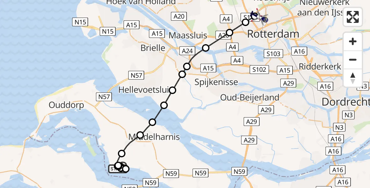 Vluchtroute Politiehelikopter van Grevelingenmeer naar Rotterdam The Hague Airport