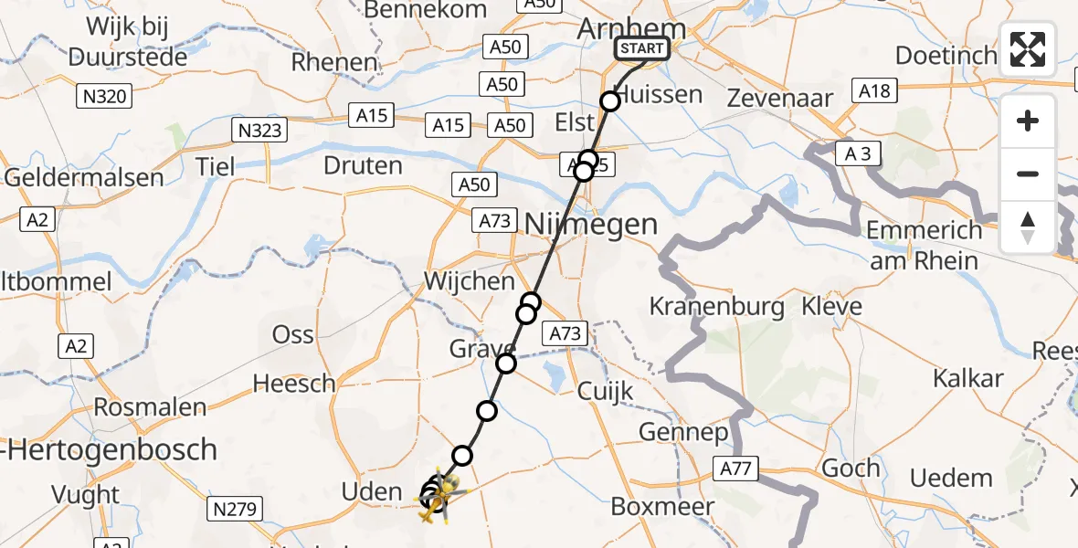 Vluchtroute Traumahelikopter van Arnhem naar Vliegbasis Volkel