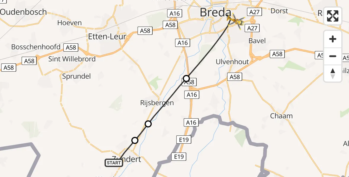 Vluchtroute Traumahelikopter van Zundert naar Breda