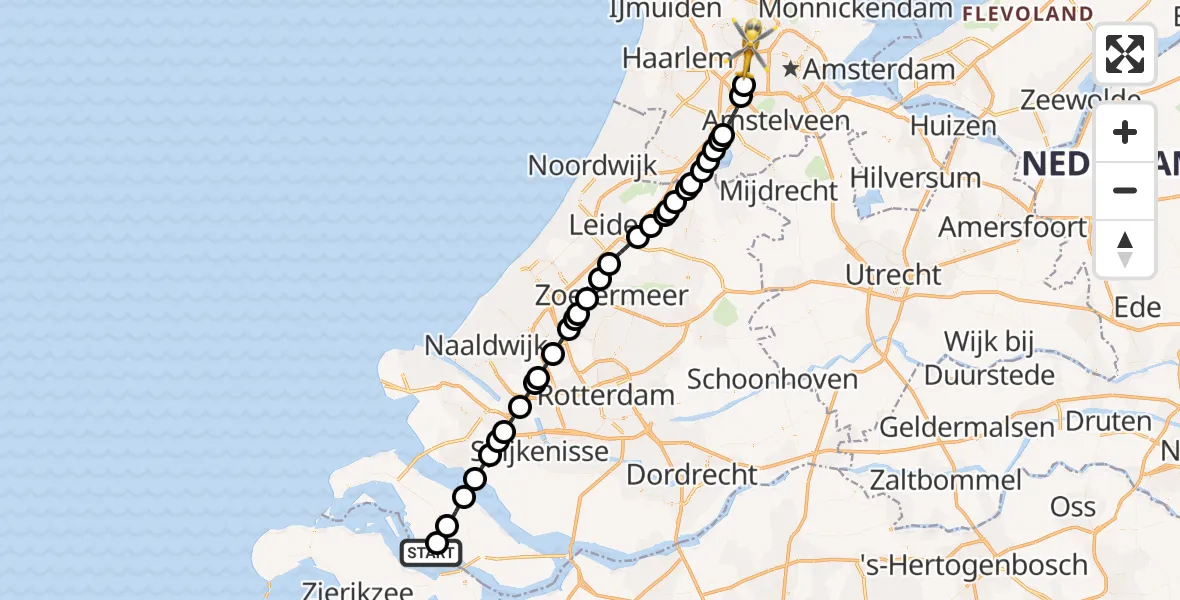 Vluchtroute Traumahelikopter van Herkingen naar Amsterdam
