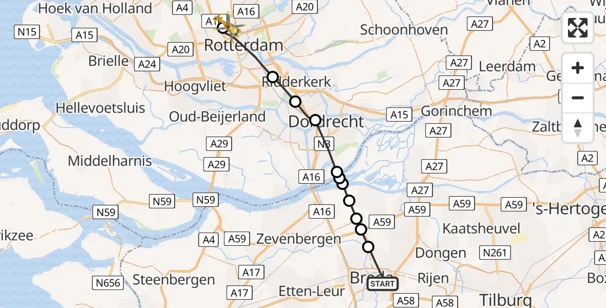 Vluchtroute Traumahelikopter van Breda naar Rotterdam The Hague Airport